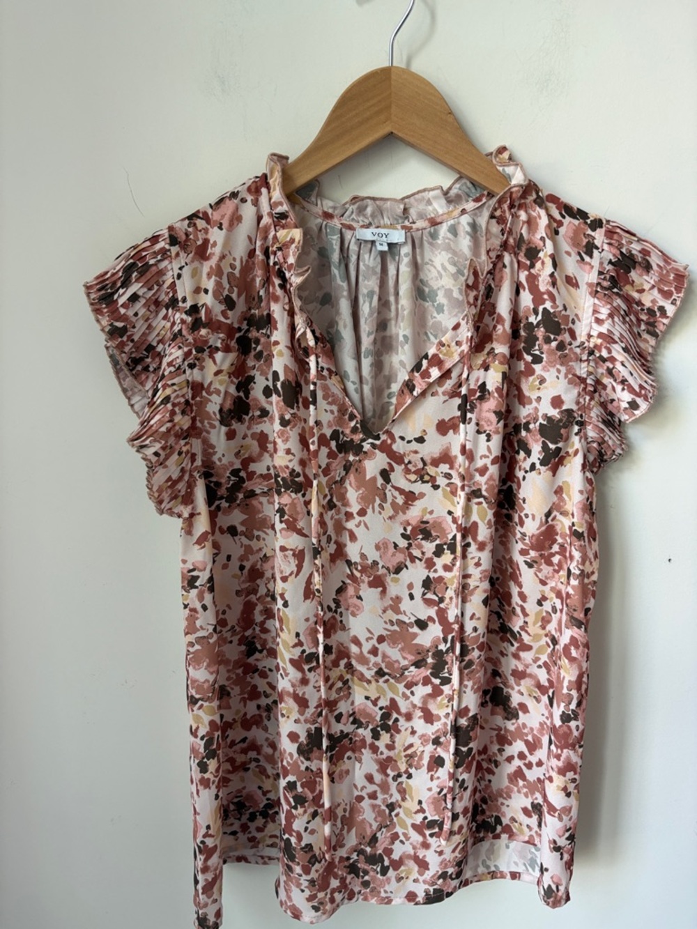 Voy Paint Splatter Peasant Top Blouse in Earth Tones Tie Neck Boho Office Size M - Picture 4 of 9